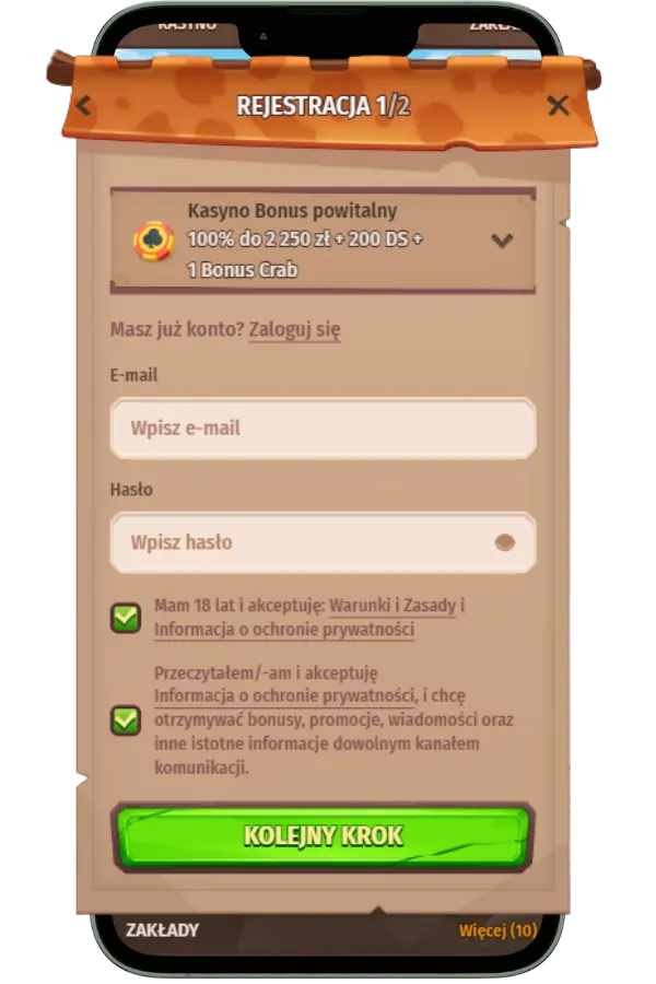 Logowanie lub rejestracja przed grą w Gates of Olympus